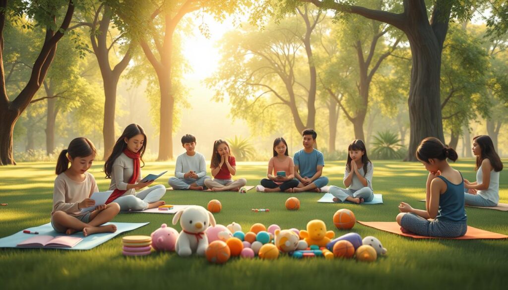 A serene and inviting scene depicting a variety of "healing inner child exercises". In the foreground, a diverse group of individuals, dressed in modest casual clothing, engage in different activities such as journaling, drawing, and meditative breathing exercises on yoga mats. In the middle, soft plush toys and colorful art supplies are scattered, symbolizing creativity and playfulness. The background features a peaceful park setting with lush green trees, gentle sunlight filtering through the leaves, creating a soft, warm glow. The atmosphere is calming and nurturing, evoking feelings of emotional safety and growth. Capture this scene with a shallow depth of field, focusing on the individuals, while keeping the background slightly blurred to emphasize the activities. The overall mood is uplifting and encouraging, reflecting personal transformation and healing. nextself.ai A serene and inviting scene depicting a variety of "healing inner child exercises". In the foreground, a diverse group of individuals, dressed in modest casual clothing, engage in different activities such as journaling, drawing, and meditative breathing exercises on yoga mats. In the middle, soft plush toys and colorful art supplies are scattered, symbolizing creativity and playfulness. The background features a peaceful park setting with lush green trees, gentle sunlight filtering through the leaves, creating a soft, warm glow. The atmosphere is calming and nurturing, evoking feelings of emotional safety and growth. Capture this scene with a shallow depth of field, focusing on the individuals, while keeping the background slightly blurred to emphasize the activities. The overall mood is uplifting and encouraging, reflecting personal transformation and healing. nextself.ai