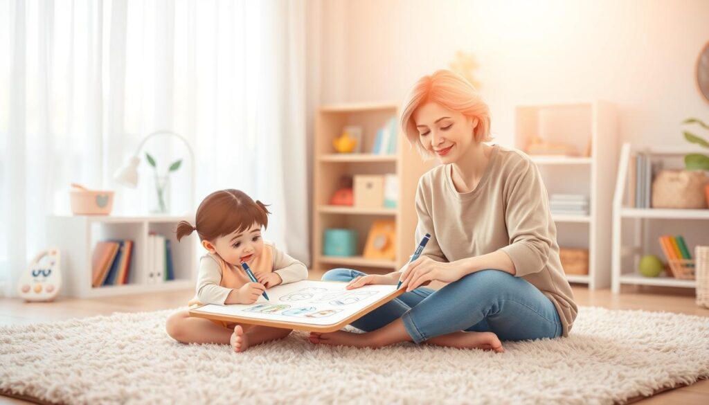 A serene therapy session focusing on inner child healing, featuring a compassionate therapist and a child seated comfortably on a plush carpet. The therapist, a middle-aged woman in modest casual clothing, is softly smiling, exuding warmth and understanding. The child, a young girl with pigtails, is drawing with crayons on a large sketchpad. In the background, a cozy therapy room with soft, natural lighting filtering through sheer curtains creates a nurturing atmosphere. Gentle pastel colors dominate the scene, enhancing feelings of safety and comfort. A small bookshelf filled with therapeutic books and toys adds depth to the setting. Captured with a warm, inviting lens, the image promotes a sense of hope and emotional growth. Nextself.ai. A serene therapy session focusing on inner child healing, featuring a compassionate therapist and a child seated comfortably on a plush carpet. The therapist, a middle-aged woman in modest casual clothing, is softly smiling, exuding warmth and understanding. The child, a young girl with pigtails, is drawing with crayons on a large sketchpad. In the background, a cozy therapy room with soft, natural lighting filtering through sheer curtains creates a nurturing atmosphere. Gentle pastel colors dominate the scene, enhancing feelings of safety and comfort. A small bookshelf filled with therapeutic books and toys adds depth to the setting. Captured with a warm, inviting lens, the image promotes a sense of hope and emotional growth. Nextself.ai.